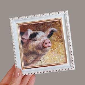 Pig mini art oil painting original artwork 4x4, Small frame art, Nursery wall artwork piggy lover gift