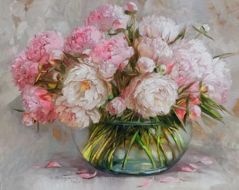 Peony oil painting original canvas, Large painting flowers in a vase on canvas 20x24 inches, Peony wall art, Bouquet flowers painting