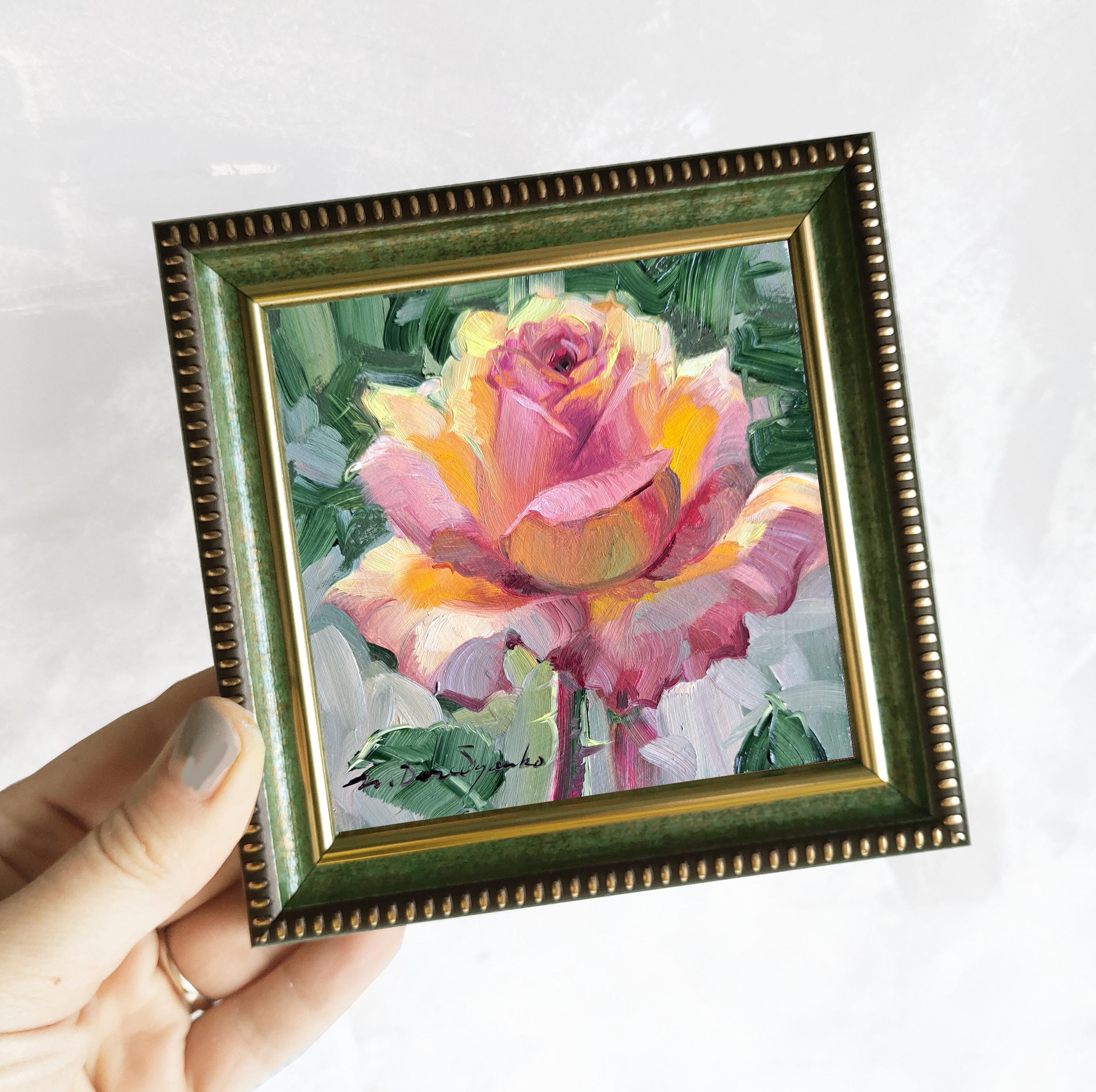 Rose Oil Painting Original, Floral Miniature Paintings 4x4 Pastel Bloom ...