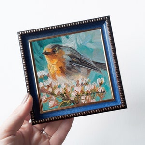 Robin bird painting original in frame, Miniature small oil painting 4x4 bird art gift for mom, Small art frame bird on blossom brunch 4x4 blue frame
