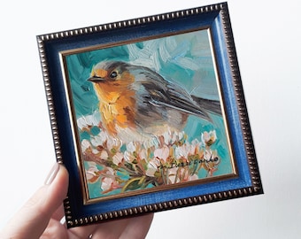 Robin bird painting original in frame, Miniature small oil painting 4x4 bird art gift for mom, Small art frame bird on blossom brunch