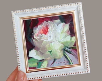 Unique rose flower oil painting original art framed, Floral painting white rose artwork impressionist, Birthday gift for the daughter