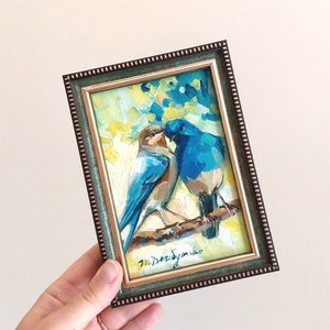 Two bird painting original canvas in wood frame, Bluebird oil painting, Bird art in frame, Small art framed love painting gift 6x4 green frame