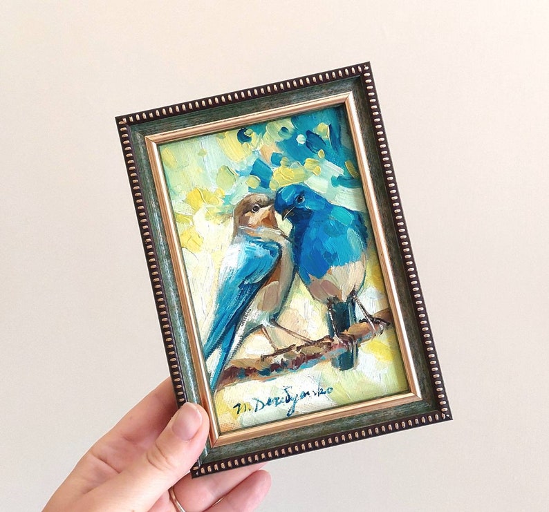 Two bird painting original canvas in wood frame, Bluebird oil painting, Bird art in frame, Small art framed love painting gift 6x4 green frame