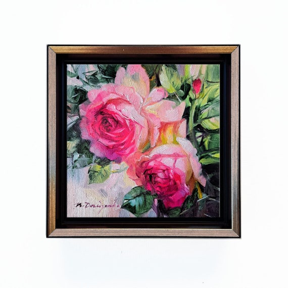 Rosas flores pintura sobre lienzo, Arte original de rosas de flores al  óleo, Jardín de rosas rojas pequeña pintura única -  México