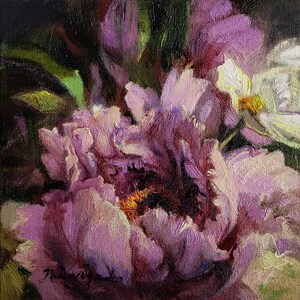 Purple Peony flower painting canvas original art, Floral painting bloom, Spring peony wall art, Birthday gift for mom