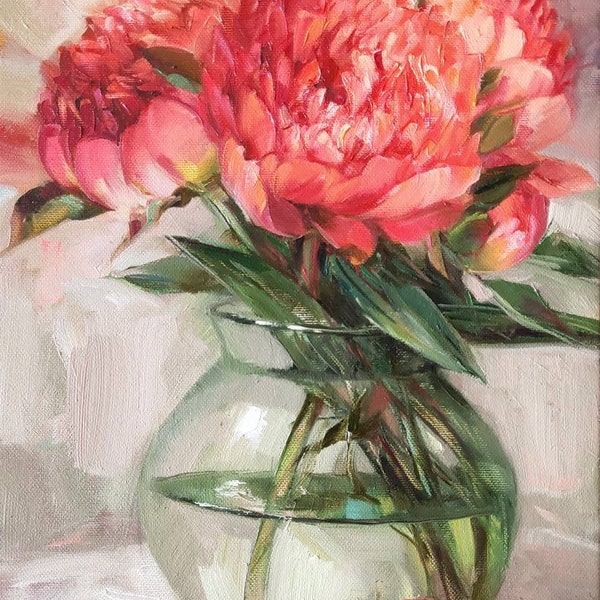 Dipinto di fiori di corallo su tela, dipinto di peonia olio originale, regalo di pittura per la festa della mamma, fiori in un vaso dipinti
