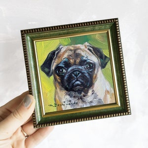 Custom pet portrait painting 4x4 in frame, Small dog oil painting original framed artwork, Boston terrier portrait oil art mini gift 4x4 green frame