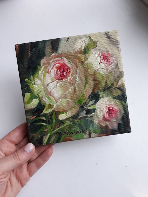 オリジナル油絵バラキャンバスアート、淡いピンクの花の壁掛けアート