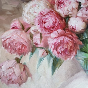 Peony painting, Oil painting original, Large floral paintings on canvas original, Peonies in glass painting, Wide canvas wall art decor image 9