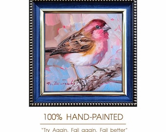 Pintura al óleo original con motivos de aves, marco azul, 10 x 10 cm (4 x 4 pulgadas). Arte mural impresionista.