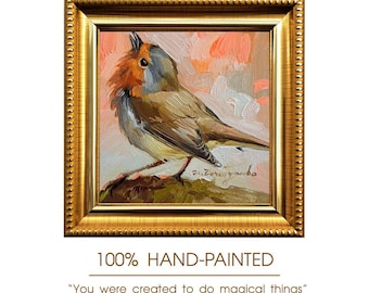Robin Bird Miniature Oil Painting 4x4 Small Art Framed, Miniature Paintings Birdlover Gift