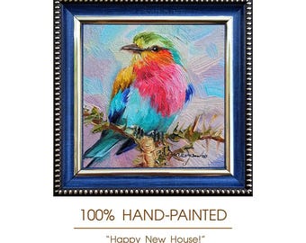 ライラックニシブッポウソウの油絵（原画）、青い額縁付き、4×4インチ