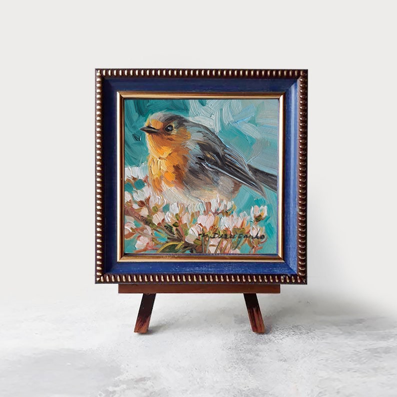 Robin bird painting original in frame, Miniature small oil painting 4x4 bird art gift for mom, Small art frame bird on blossom brunch 4x4 wooden easel