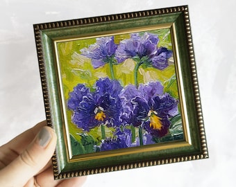 Blue flowers oil painting original art 4x4, Pansy Small art framed, Floral oil painting artwork vintage, Romance gift for women