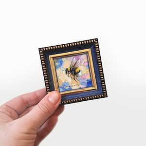 Bee oil painting original, Bee oil art tiny painting, Bee artwork framed handmade miniature - Bee kind with yourself