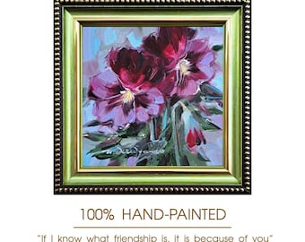 Original Oil Painting, Framed Floral Art, 4x4 Inch Pansy Flowers