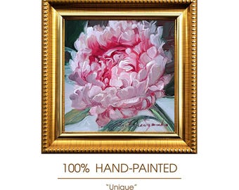 Framed Peony Oil Painting, Pink Floral Wall Art, 4x4 Inch Impressionist Artwork