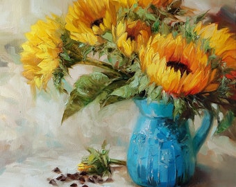 Large floral paintings on canvas original, Sunflowers in turquoise vase oil painting, Yellow flowers wall art decor Easter gift