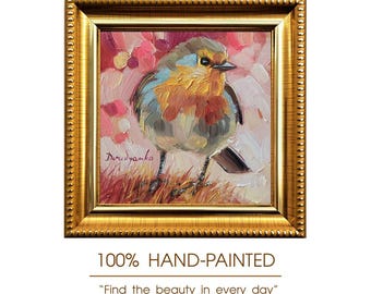 Original Robin Bird Oil Painting, Miniature 4x4 Inch Framed Art
