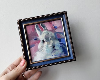 Bunny Rabbit miniature painting original 4x4, Picture pet painting small, New baby gift baby shower