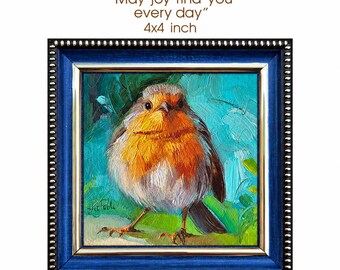Original Robin Bird Oil Painting, Miniature 4x4" Framed Art, Wildlife Artwork for Bird Watcher, Avian Unique Holiday Gift