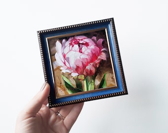 Small painting pink flowers original, Unique peony wall art, Peonies art gift for sister