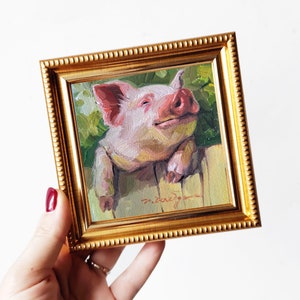 Pig oil painting original artwork 4x4, Small frame art, Nursery wall artwork piggy lover gift