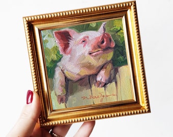 Pig oil painting original artwork 4x4, Small frame art, Nursery wall artwork piggy lover gift