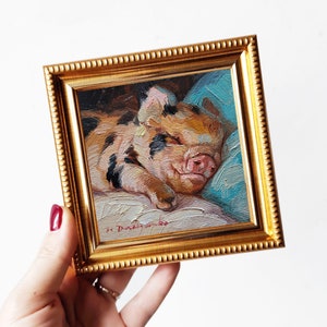 Cute pig oil painting original art sleeping 4x4, Animal small painting frame, Nursery wall art piggy lover gift