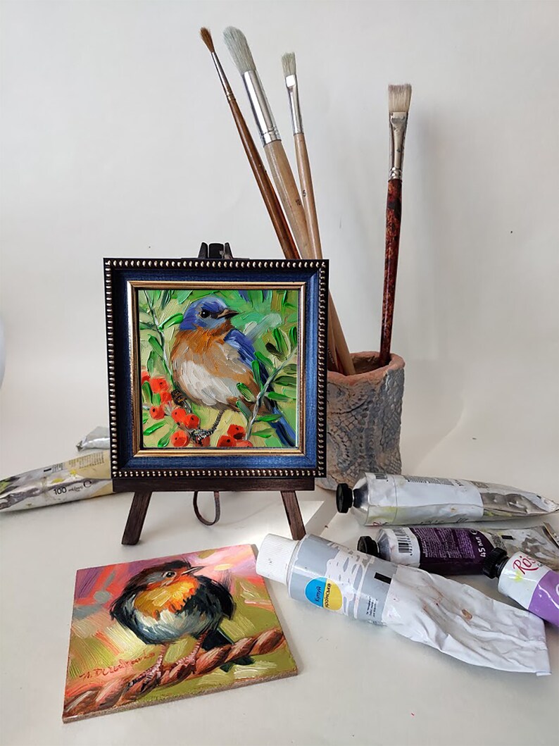 Eastern Bluebird painting original in oil 4x4 framed, Blue bird art illustration small wall art framed, Mothers day gift image 4