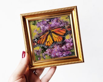 OKAY 男の子と蝶々　絵画 蝶のアート絵画オリジナルフレーム 4x4、オレンジ色の油絵蝶の小さな