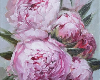 Original Pink Peony Oil Painting, Floral Canvas Art 7x10 inch