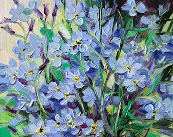 忘れな草の油絵：インパストフローラルアート、8x8 - Etsy 日本