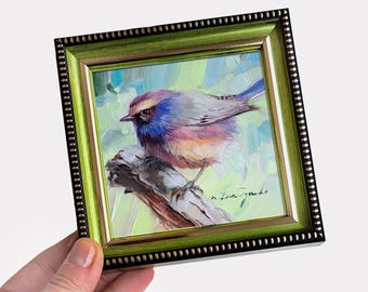 オリジナル油絵の鳥のアート、青い額縁、4 x 4インチの動物