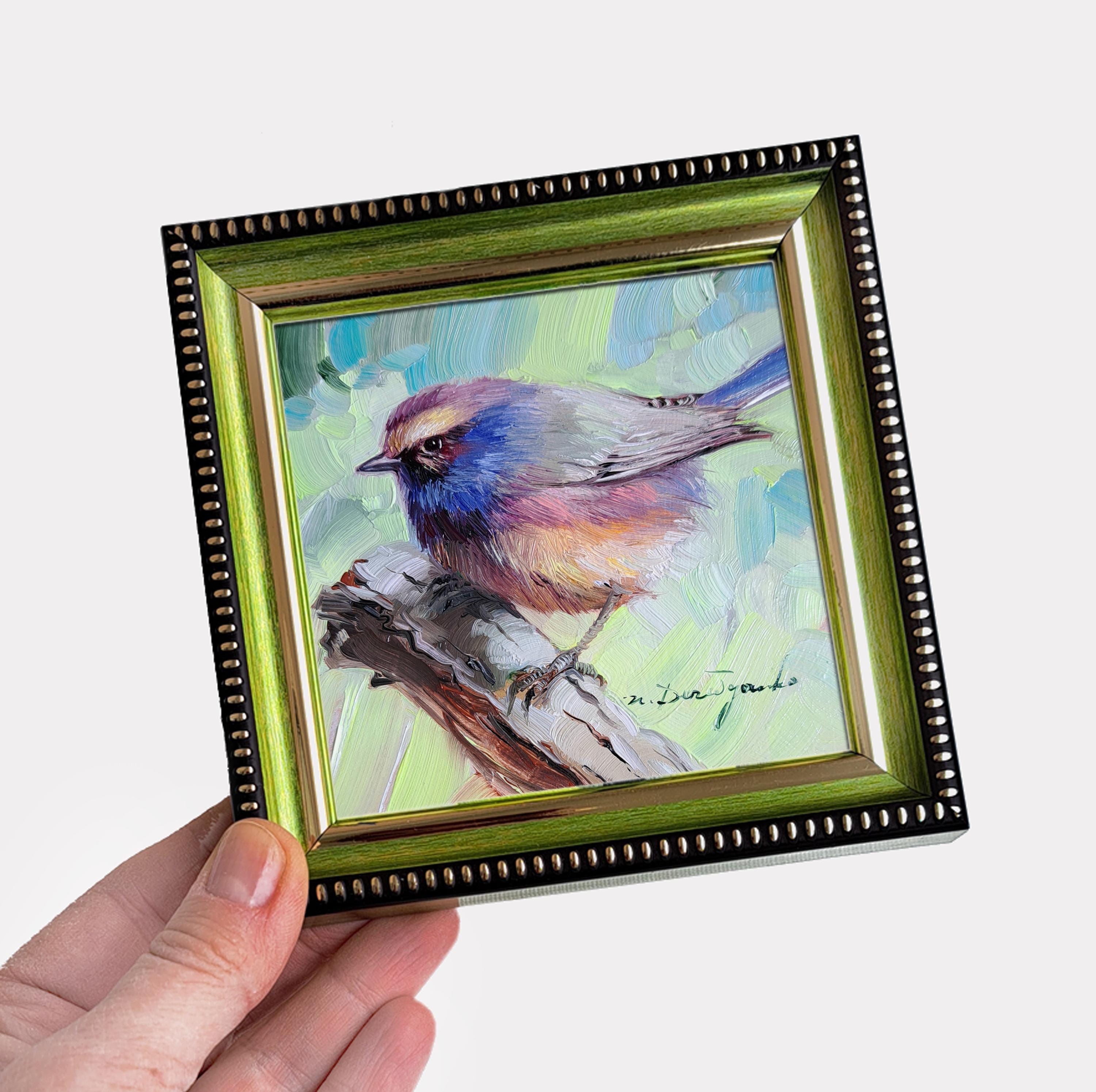 オリジナル油絵の鳥のアート、青い額縁、4 x 4インチの動物