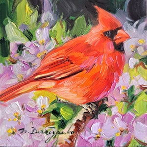 Bird Cardinal oil painting original miniature, love gift red bird artwork, home decor small painting 4x4 4x4 un frame