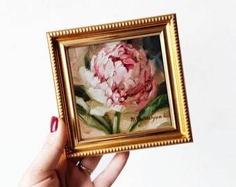 Small oil painting original framed pink flowers, Unique peony wall art, Peonies art gift for grandma