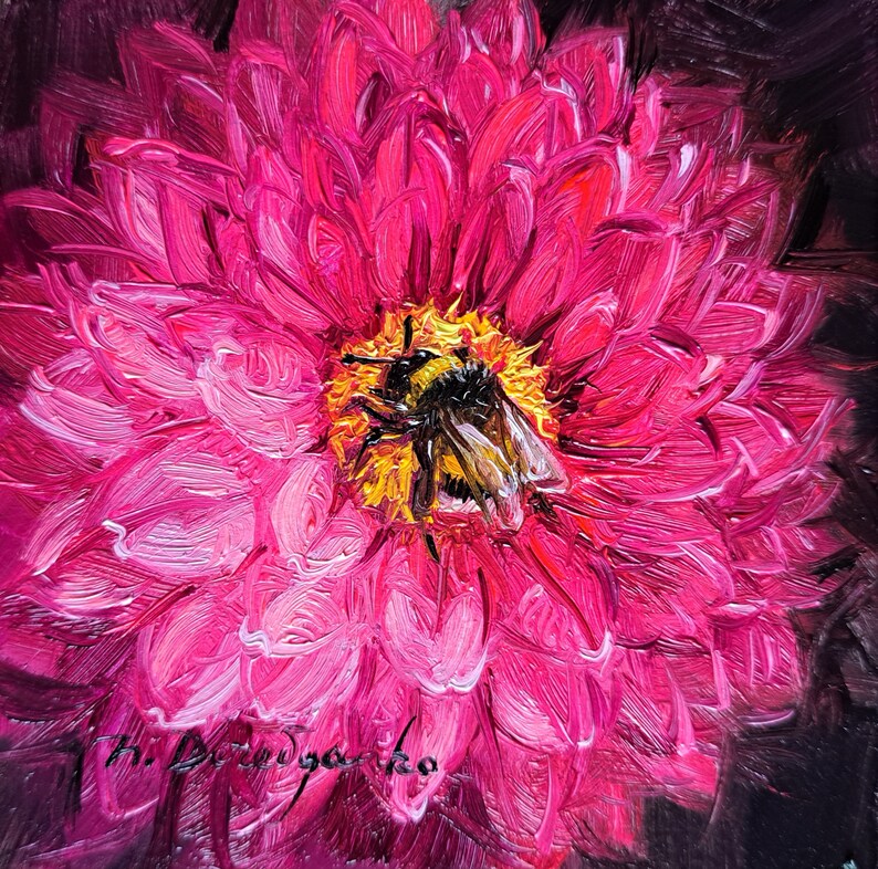 Bee Oil Painting Original Framed, Art Pink Flower Bee Wall Art in Frame
