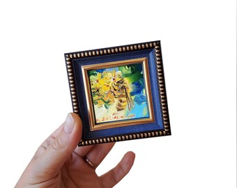 Turquoise Bee mini dipinto originale, Bee oil art tiny painting, Bee artwork dipinto a mano 2x2 in cornice - Ape gentile con te stesso