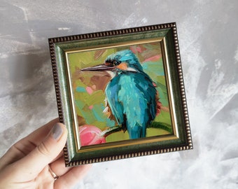 オリジナル カワセミの油絵、ターコイズブルーのアートワーク、額装