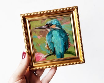 Kingfisher bird tiny painting original art framed picture 4x4, Turquoise artwork bird wall art decor Personalized gift animal art lover