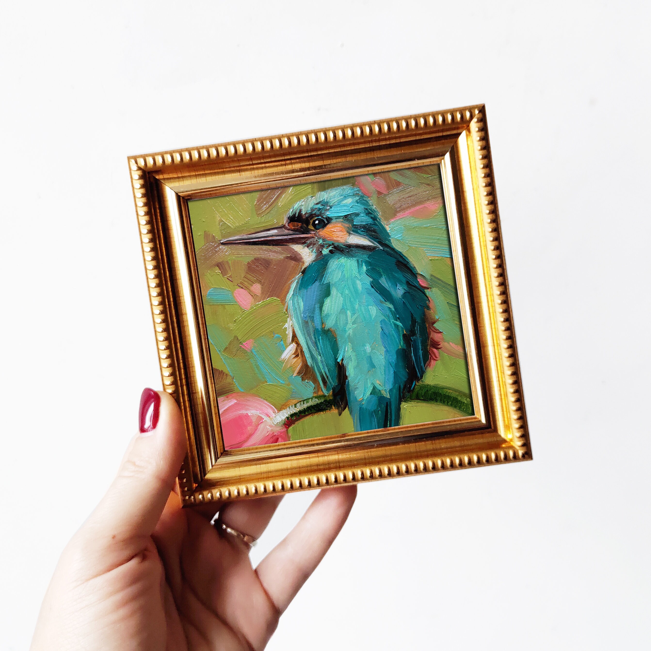 オリジナル カワセミの油絵、ターコイズブルーのアートワーク、額装