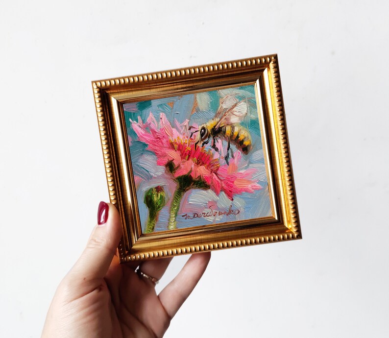 Bee Oil Painting Original Art Pink Flower, Bee Wall Art Picture in ...