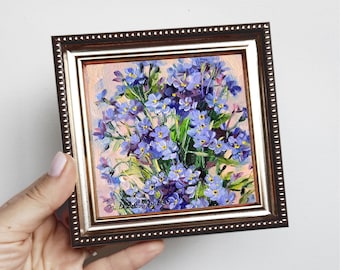 Forget-me-not flowers oil painting original art 4x4, Small art framed, blue floral artwork, Birthday gift for women