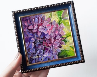 Hydrangea flowers oil painting original art 4x4, Small art framed, Floral oil painting artwork vintage, Birthday gift for women