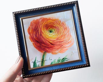 オリジナル ラナンキュラスの花の絵画、4 x 4インチの額入り壁掛け