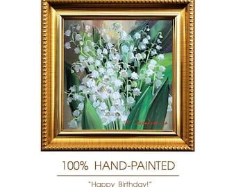 Original Lily of the Valley Oil Painting: Miniature Floral Artwork, Women's Room Decor