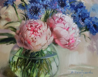 Peony flowers oil painting canvas original art, Cornflower blue painting, Birthday gift for wife