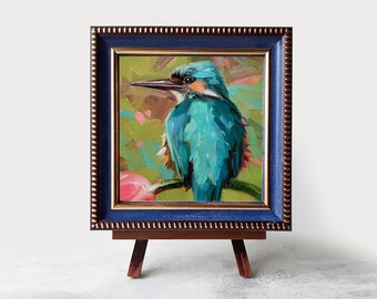 カワセミ（油絵）サイズ＝Ｆ6 オリジナル カワセミの油絵、ターコイズブルーのアートワーク、額装